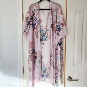 Sheer Flowy Lightweight Kimono Inspired Pink Floral Cardigan S